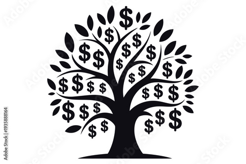 Lush money tree with numerous dollar sign leaves symbolizing financial abundance investment growth and prosperous economy