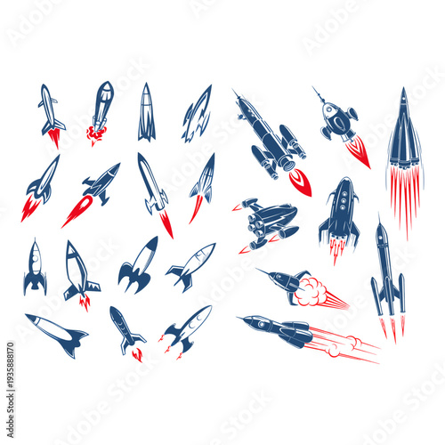 A dynamic and retro-inspired collection of various rockets and spaceships, symbolizing the ambitious journey of innovation, exploration, and the pursuit of cosmic dreams