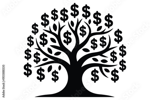 Money tree with dollar signs as leaves, symbolizing financial growth, investment, wealth, and prosperity