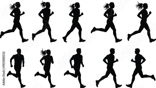 Running silhouettes collection, male and female joggers in motion, athletic fitness training poses isolated on white background vector