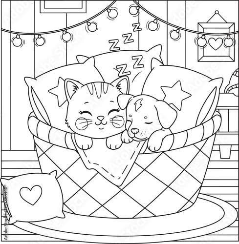 Cute cat and dog sleeping together in bed with pillows and blanket in cozy bedroom with string lights  peaceful scene