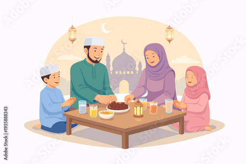 Muslim family enjoying a meal together representing togetherness and Ramadan iftar.