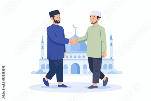 Muslim men shaking hands in front of a mosque symbolizing friendship and respect.