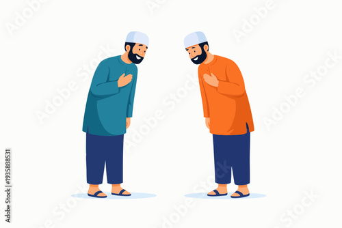 Illustration of two Muslim men greeting each other respectfully with hand over chest.