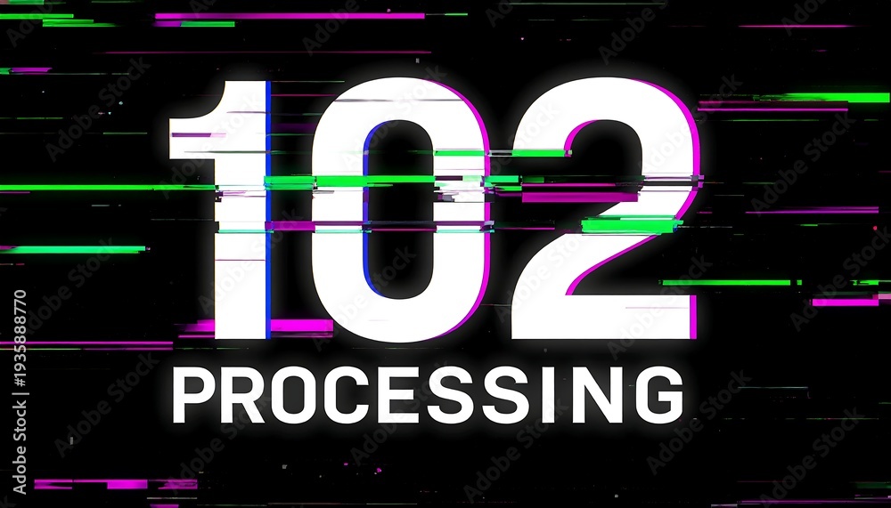 Fototapeta premium Glitch neon 102 Processing HTTP status code display with digital distortion on dark technology background