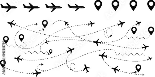 Airplane and Location Markers Vector Set Featuring Flight Paths, Airplanes, and Travel Icons