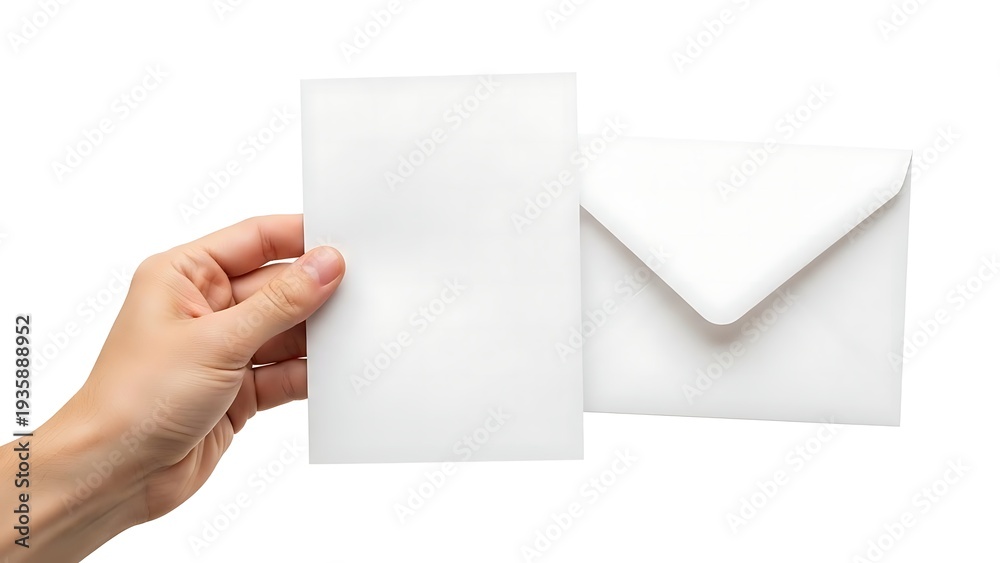 Fototapeta premium Hand holding blank paper near white envelope