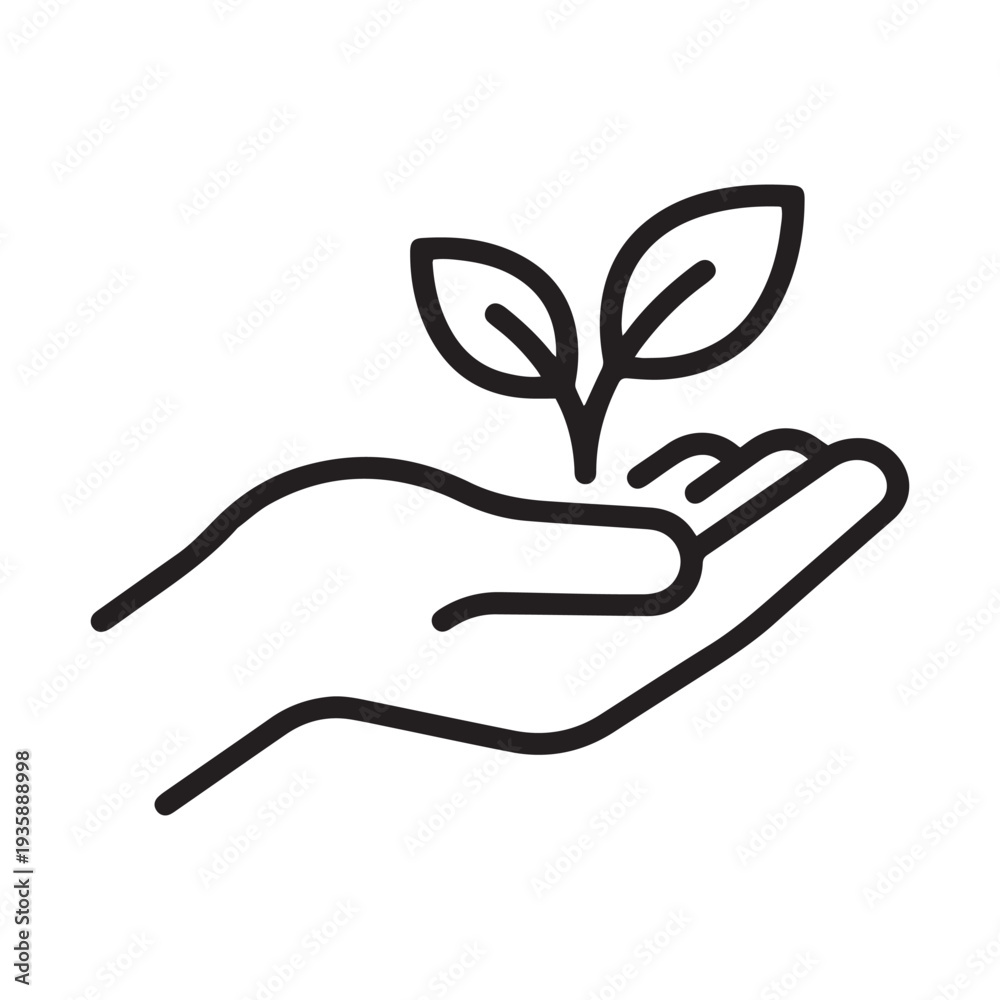 Obraz premium Minimalist black and white line art icon of a human hand holding a small growing plant sprout, symbolizing nature and care.