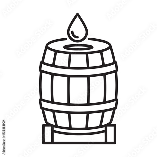 Professional minimalist black and white line art icon of a traditional wooden storage barrel with a liquid droplet symbol above.