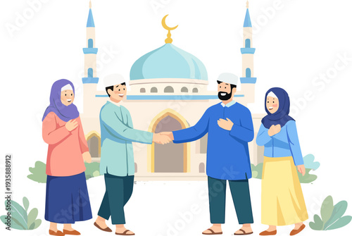 Flat illustration of Muslim men greeting each other in front of a mosque, symbolizing friendship and unity.