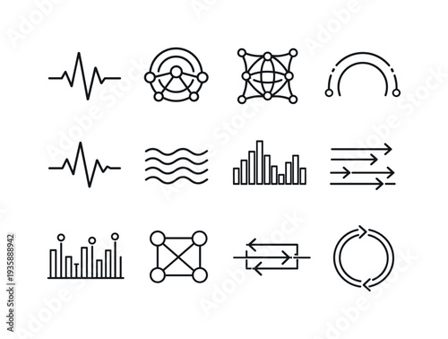 Line style vector icons of amenities: pulse contour, resonance node, transition mesh, interval arc, pulse line, wave tile,