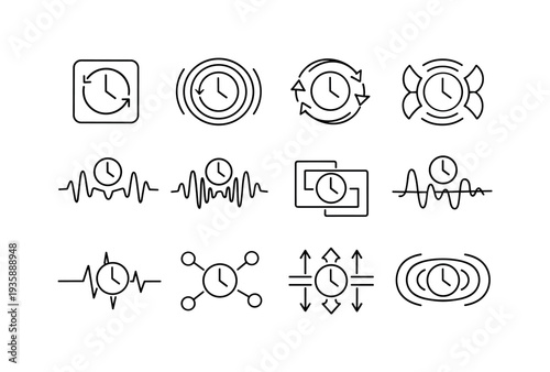 Line Style Icons Grid. Line style vector icons of time management automation tools: loop tile, resonance line, sync line, phase