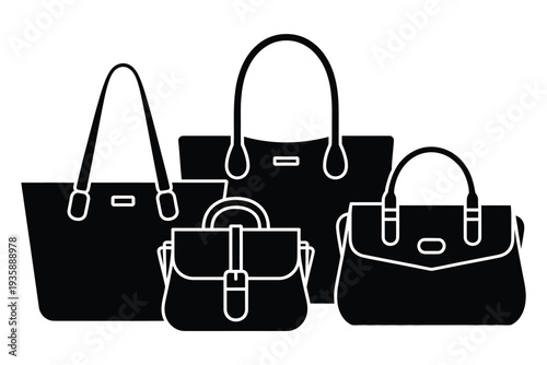Set of women's handbags on a transparent background, women's fashion accessories isolated, flat style, vector illustration