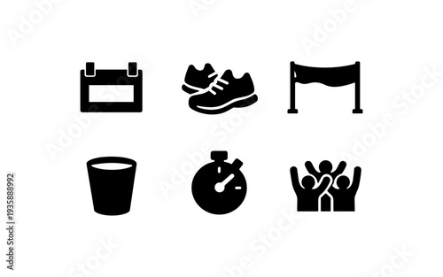 Set of icons representing sports event elements like calendar, shoes, finish line, cup, stopwatch, and cheering crowd