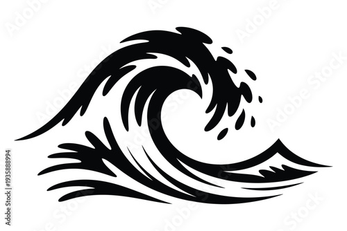 stylized black ink splash wave crashing on shore with dynamic motion and abstract splashes representing ocean power or water energy