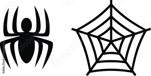 Spider and web icon set in bold black silhouette style. Minimal spooky symbols perfect for Halloween themes and horror design. Clean vector elements isolated on white background.