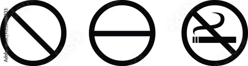 Prohibition and no smoking icon set in bold outline style. Universal restriction symbols with circle and diagonal slash variations. Clean black warning signs isolated on white background for safety de
