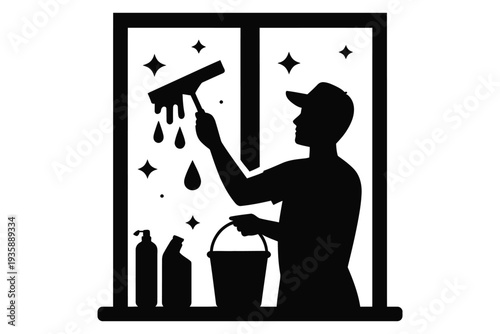 window cleaner silhouette wiping glass with squeegee from inside apartment building showing sparkling effect and cleaning supplies like soap and bucket