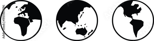 World globe icon set showing continents in black and white. Minimal earth symbols representing global communication and travel. Perfect for web, education, business, and international design projects.