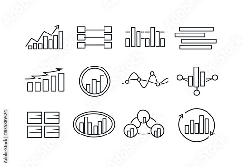 Line style vector icons of data visualization bar charts: signal line, sync band, interval bar, interval stripe, flow bar, signal