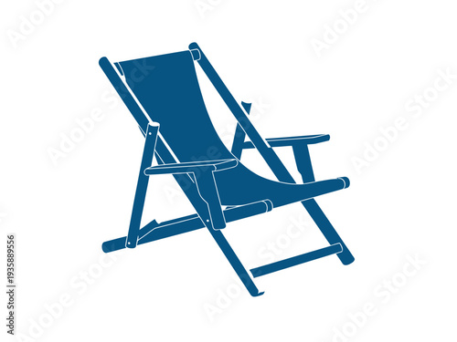 Blue folding beach chair with armrests and reclined backrest on white background
