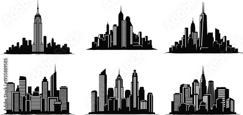 Collection of modern city skyline silhouettes with skyscrapers, urban architecture building set, metropolitan skyline vector illustration isolated on white