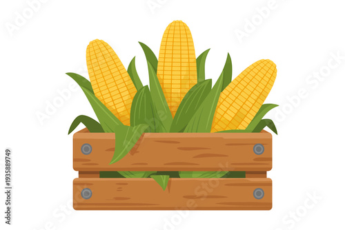 Cartoon corn on the cob in a wooden crate with green leaves