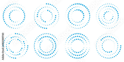 Round halftone frame. Dotted circle, vintage abstract dot halftones frames and random dots circles. Set of speed lines in circle form. Halftone dotted speed lines. Abstract geometric circles .