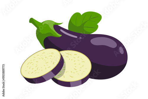 Fresh purple eggplant with green leaves and sliced halves showing inner texture
