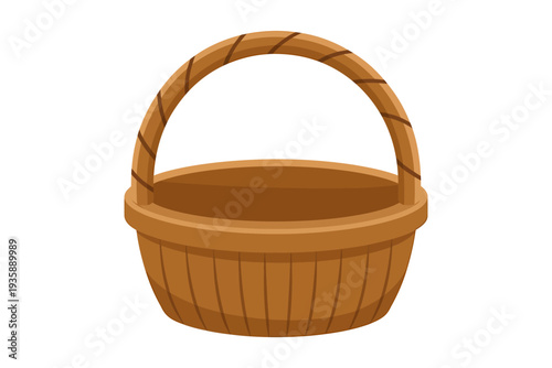 Brown wooden basket with handle on white background