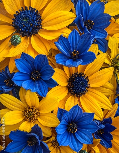 Close-up of vibrant blue and yellow flowers, creating a textured pattern, showcasing petals and central detail