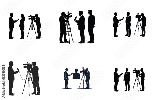 Reporters and Cameramen Silhouette Vector Illustration Set