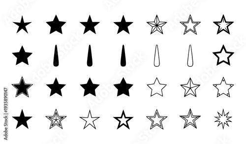 Modern Minimal Star Symbols Pack Black Outline and Solid Icons Vector Isolated on White Background