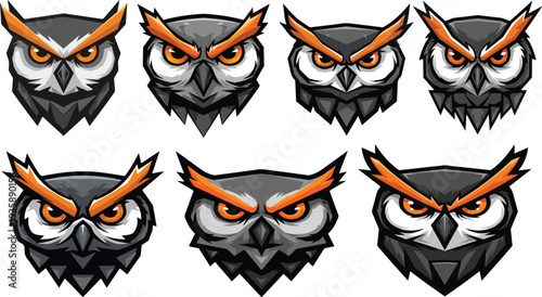 Cartoon Owl Faces with Angry Expressions.