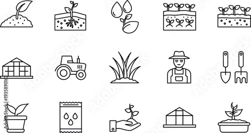 Gardening and Plant Growth Icon Set Featuring Soil, Seedling, Watering, Tractor, Greenhouse, and Garden Tools for Agricultural Designs