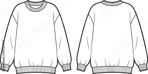 Front and back view of a sweatshirt or sweater technical drawing.