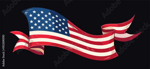 Vector design with decorative drawing of long ribbon from national flag of usa is fluttering in wind. 
Fashion t-shirt print. American pattern of stars 
and stripes for textiles, fabric, clothing.