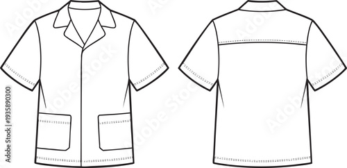 Technical fashion illustration of a camp shirt with short sleeves and pockets.