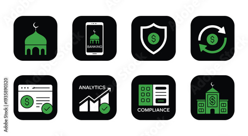 Islamic fintech and digital sharia banking compliance icons illustration for professional hierarchy.