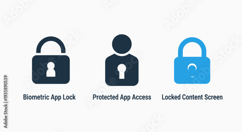 Icons illustrating app security with biometric locks, protected access, and locked content screens for digital safety and privacy