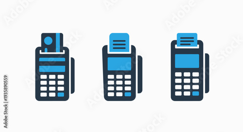 Icons of credit card machines and receipt printers in blue and dark colors, representing financial transactions and payment processing