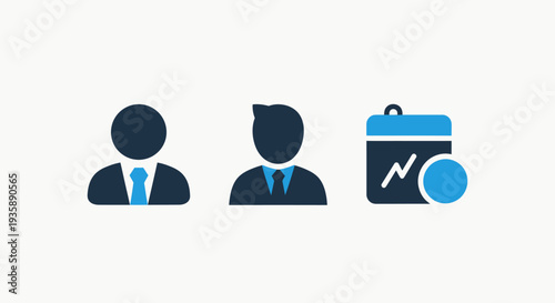 Business icons featuring professional profiles and a calendar with analytics graph for corporate planning and performance tracking