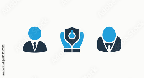 Icons depicting user profiles, a shield with a power button, symbolizing user protection, security, and access control in digital systems
