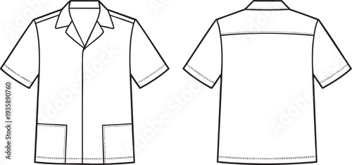 Technical fashion illustration of a camp shirt with short sleeves and pockets.