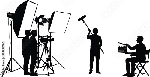 Film crew on set silhouette with camera operators, sound engineer, and director, cad drawing flat vector illustration for professional movie production media