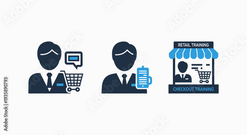 Retail staff icons: customer service, training, and sales assistance, representing retail operations and employee training.