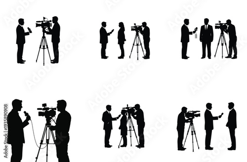 Reporters and Cameramen Silhouette Vector Illustration Set