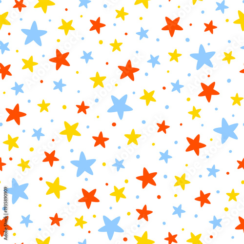 Seamless pattern with cute color twinkle stars and confetti on white background - funny wallpaper for Your kawaii happy kids design