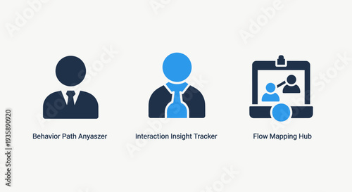 Icons for user behavior analysis and data tracking: Behavior Path Analyzer, Interaction Insight Tracker, and Flow Mapping Hub, for understanding user journeys and engagement.