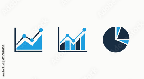 Set of three flat icons for data analysis and reporting: a line graph, a bar chart, and a pie chart, representing statistics, business growth, and financial trends.
